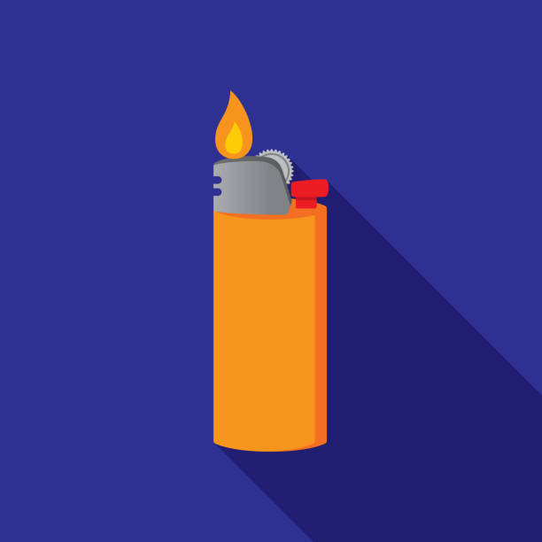 Lighter Icon Flat Vector illustration of an orange lighter against a blue background in flat style. cigarette lighter stock illustrations
