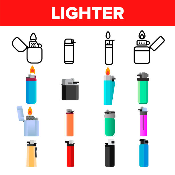 Lighter Icon Set Vector. Gas Tool. Tobacco Lighter Icons. Burning Object. Plastic Accessory. Line, Flat Illustration Lighter Icon Set Vector. Gas Tool. Tobacco Lighter Icons. Burning Object. Plastic Accessory. Flat Illustration cigarette lighter stock illustrations