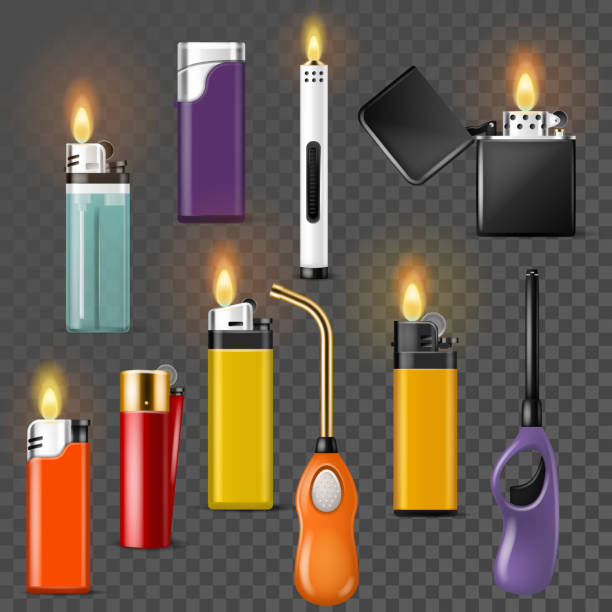 Lighter vector cigarette-lighter with fire or flame light to burn cigarette illustration set of flammable smoking equipment isolated on transparent background Lighter vector cigarette-lighter with fire or flame light to burn cigarette illustration set of flammable smoking equipment isolated on transparent background. cigarette lighter stock illustrations