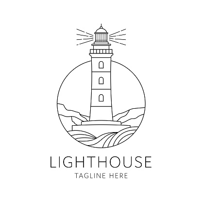 lighthouse badge vector monoline style design isolated on white background