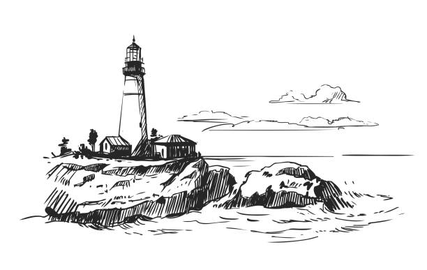leuchtturm im meer. vektor-illustration. hand gezeichnete skizze - leuchtturm stock-grafiken, -clipart, -cartoons und -symbole