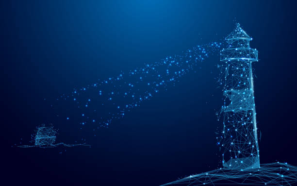 leuchtturm leuchtturm strahl durch yacht im meer von linien und dreiecke, zeigen verbindende netzwerk auf blauem hintergrund. abbildung vektor - leuchtturm stock-grafiken, -clipart, -cartoons und -symbole