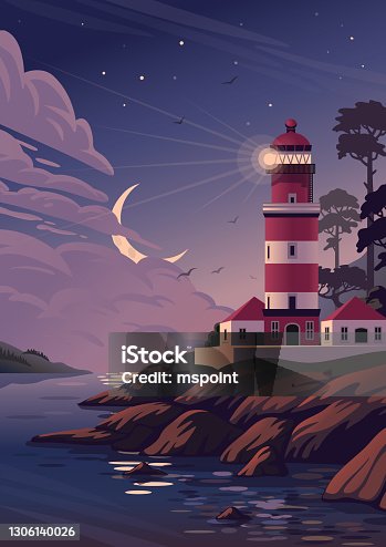 istock Lighthouse - vector landscape. Sea landscape with beacon on cliff and crescent in clouds. Vector illustration in flat cartoon style 1306140026