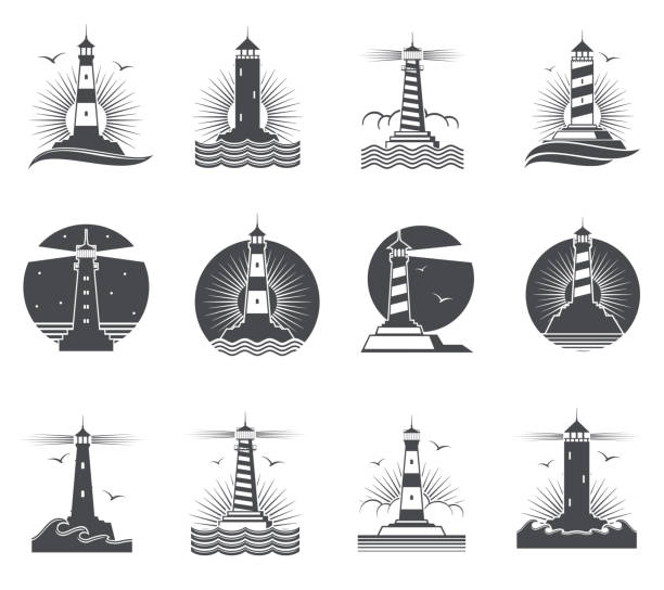 leuchtturm vektor marine vintage etiketten. leuchttürme und meer wellen retro-nautische logos set - leuchtturm stock-grafiken, -clipart, -cartoons und -symbole
