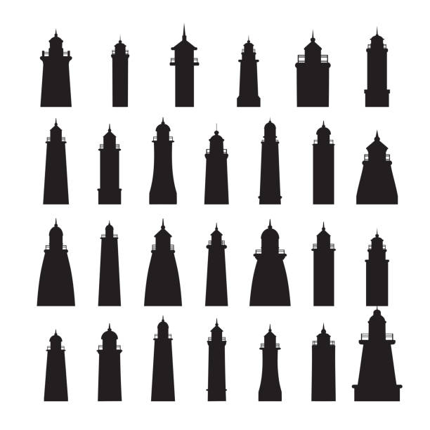 Lighthouses Collection of lighthouse silhouettes isolated on white background. Design elements for travel booklets, leaflets or stickers. storm silhouettes stock illustrations