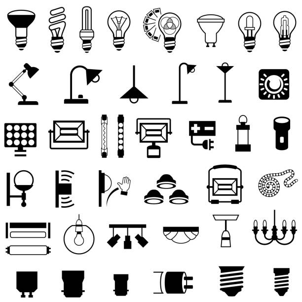 Lighting Fixtures and Equipment Icons Single color black icons of light fixtures and bulbs. Isolated. halogen light stock illustrations