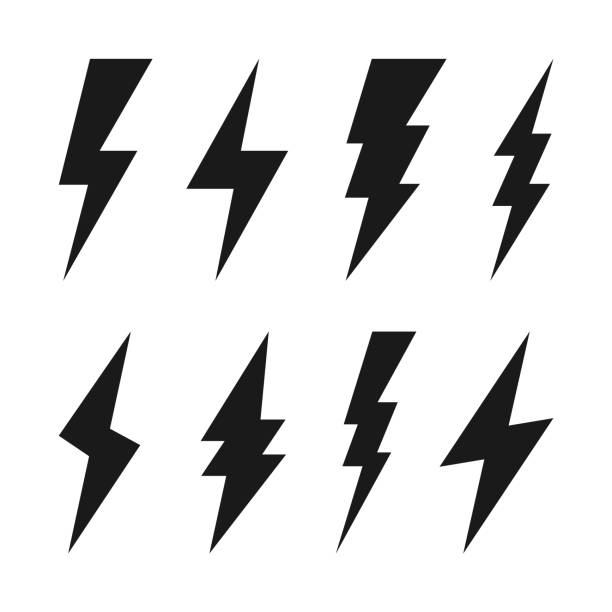 閃電圖示集合。閃光符號，雷電。簡單的雷擊標誌。向量插圖 - lightning 幅插畫檔、美工圖案、卡通及圖標