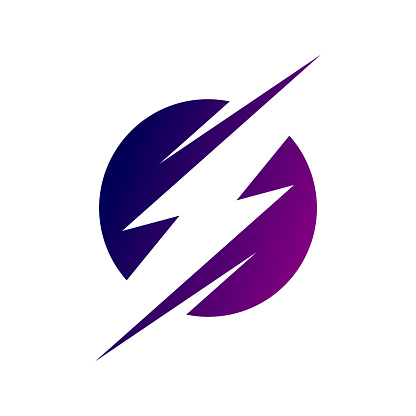 Purple blue gradient. Thunder bolt in a circle. Flash or power symbol. Speed, fast, quick, rapid concept. Vector illustration, clip art.
