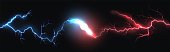 Lightning. Collision of blue and red thunderbolts. Bright flash and explosion in dark. Horizontal energy flows. Opposition of forces. Blue and red glowing neon sparkling bolts, vector illustration