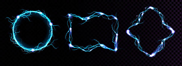 Lightning frames electric blue thunderbolt borders Lightning frames, electric blue thunderbolt borders, magic portals, energy strike. Powerful electrical discharge dazzle isolated on black and transparent background. Realistic 3d vector illustration lightning borders stock illustrations