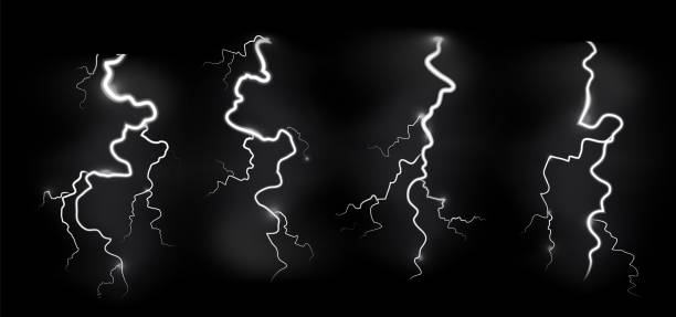 Lightnings storm. Realistic blitz electric sky lightning on black background with power strike effects. White glowing thunder light sparks, thunderstorm climate objects, vector isolated set Lightnings storm. Realistic blitz electric sky lightning on black background with power strike effects. White glowing thunder light sparks in night, thunderstorm climate objects, vector isolated set air attack stock illustrations