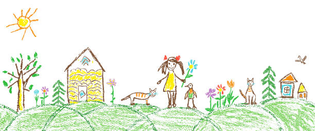 Like child hand drawing summer garden village. Crayon, pastel chalk or pencil simple funny sketch doodle girl, house, cat, kid, tree, flower, meadow, hut. Vector seamless border copy space background child drawings stock illustrations