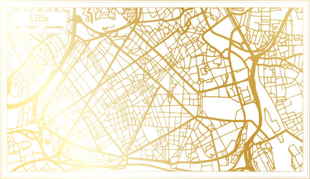 illustrations, cliparts, dessins animés et icônes de lille france city carte en style rétro en couleur dorée. carte des grandes lignes. - lille