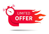 Limited offer. Banner of sale with clock, fire and countdown. Hot limited of time offer of discount. Icon of promo deal. Label, logo, button for exclusive promotion and price. Vector.