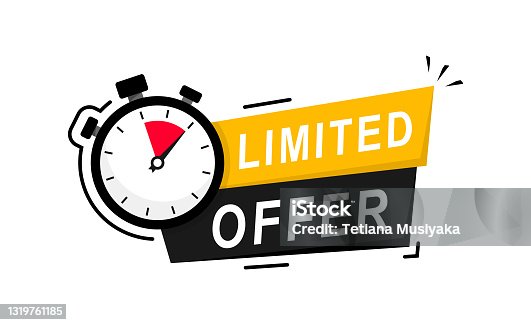 istock Limited offer icon with time countdown. Modern vector banner ribbon limited offer with stop watch. Super promo label with alarm clock and word. Offer sale or exclusive deal concept. Vector 1319761185