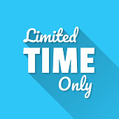 White icon of "Limited Time Only" in a flat design style isolated on a blue background and with a long shadow effect. Vector Illustration (EPS10, well layered and grouped). Easy to edit, manipulate, resize or colorize. Vector and Jpeg file of different sizes.