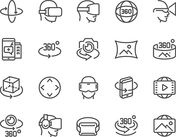 linie 360 grad-icons - vr brille stock-grafiken, -clipart, -cartoons und -symbole