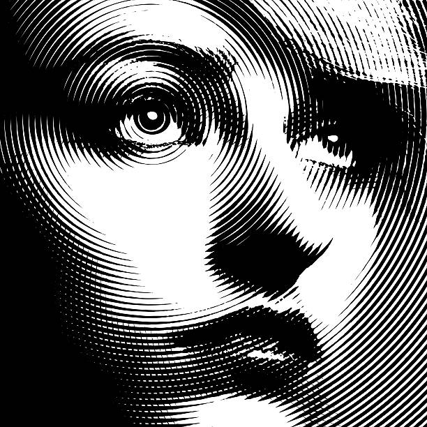 Line art Close up of a woman's face Line art engravings of a woman's face close up with emphasis on the eyes. Designed to look great at both  very small sizes and large sizes. Isolated on white.  beautiful people illustrations stock illustrations