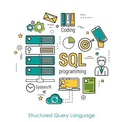 Vector Line Art Concept of Structured Query Language -SQL. Round banner for web resources and programming