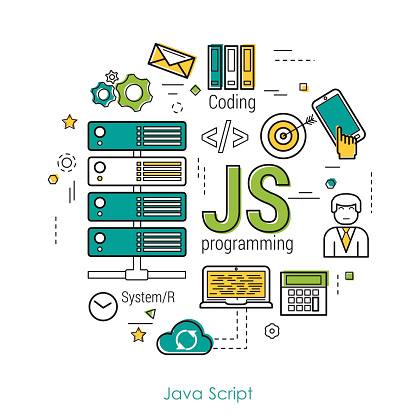 Vector Line Art Concept of Java Script - JS. Round banner for coding and web programming in blue. green and yellow colors