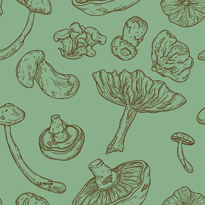 Line Art Forest Mushroom Seamless Pattern