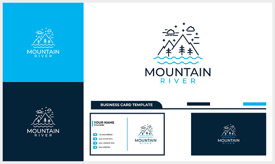 line art mountain with river symbol concept and business card template