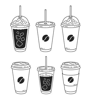 Vector minimalistic line art illustration set of disposable coffee cups isolated on white background.