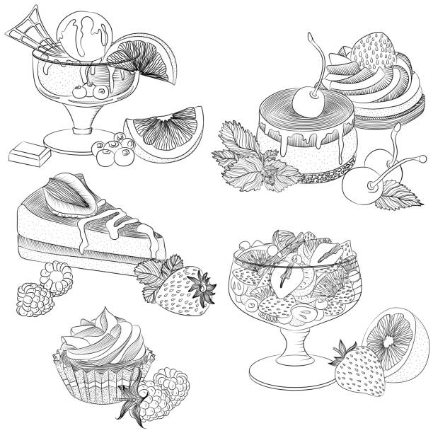 Line art various fruit desserts Vector line art illustration with food. Set with various fruit desserts. Illustration for menu, cookbook or coloring book. Sketch isolated on white background cupcakes coloring pages stock illustrations
