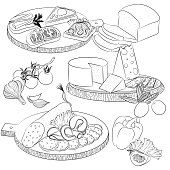 Vector line art illustration with food. Set with various sandwiches and cheese and sausage slicing. Illustration for menu, cookbook or coloring book. Sketch isolated on white background