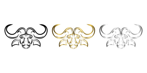 Line art vector of African buffalo head. Suitable for use as decoration or logo. black gold and silver Line art vector of African buffalo head. Suitable for use as decoration or logo. drawing of the bull head tattoo designs stock illustrations
