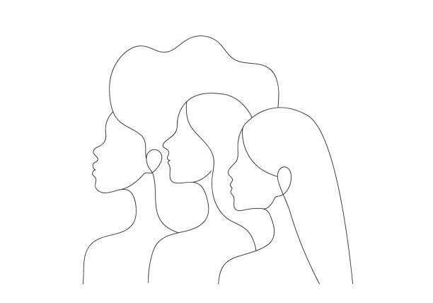 Line art women of different races Women of different races standing together. Profile silhouettes of three female characters with varaious hairstyles. Minimal line art style illustration. Feminist movement concept confidence illustrations stock illustrations