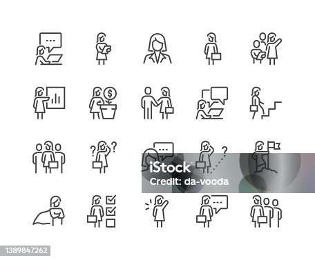 istock Line Business Woman Icons 1389847262