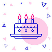 istock Line Cake with burning candles icon isolated on white background. Happy Birthday. Colorful outline concept. Vector Illustration 1257756608