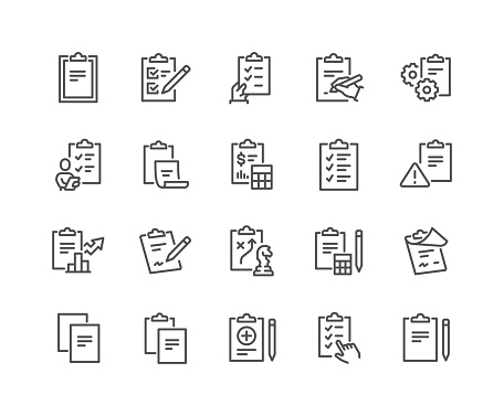 Simple Set of Clipboard Related Vector Line Icons. 
Contains such Icons as Contact, Check list, Petition and more. Editable Stroke. 48x48 Pixel Perfect.