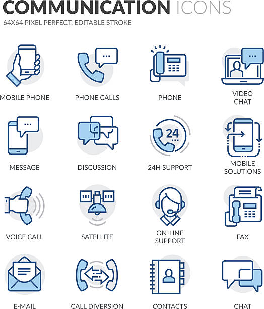 Line Communication Icons Simple Set of Communication Related Color Vector Line Icons. Contains such Icons as Phone Calls, Video Chat, On-line Support and more. Editable Stroke. 64x64 Pixel Perfect. voip stock illustrations