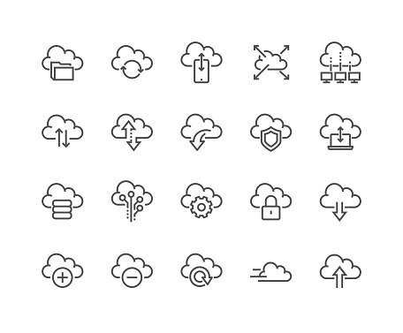 Simple Set of Computer Cloud Related Vector Line Icons. Contains such Icons as Data Synchronisation, Transfer, Cloud Settings and more. Editable Stroke. 48x48 Pixel Perfect.