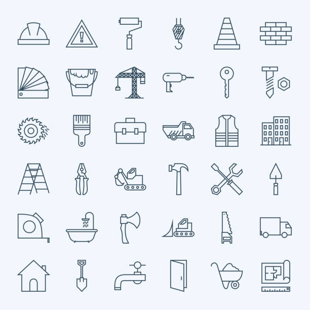 Line Construction Tools Icons Set Line Construction Tools Icons Set. Vector Set of Modern Thin Outline Building Tools and Industrial Items. bathroom door signs drawing stock illustrations
