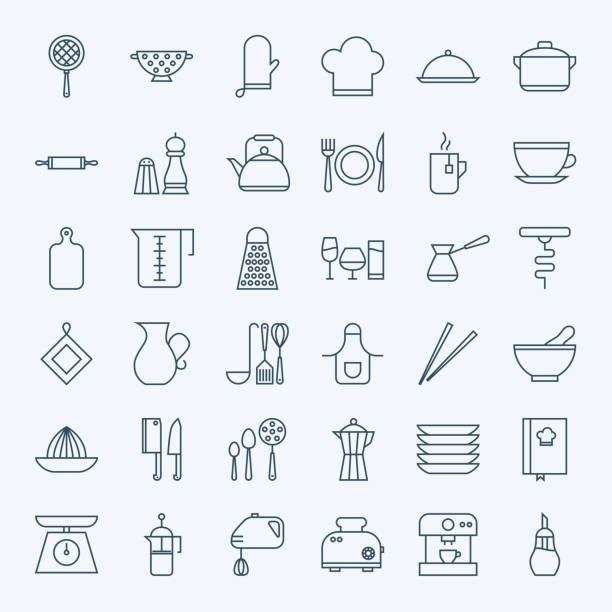 Line Cooking Utensils and Kitchenware Icons Set Line Cooking Utensils and Kitchenware Icons Set. Vector Set of Modern Thin Outline Kitchen Tools Items. grater utensil stock illustrations
