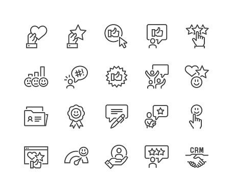Simple Set of Customer Satisfaction Related Vector Line Icons. 
Contains such Icons as CRM, User Feedback, Rating and more.
Editable Stroke. 48x48 Pixel Perfect.