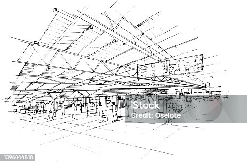istock Line drawing hallway at the airport,Sketches of people traveling in an international airport,Modern design,vector,2d illustration 1396044818