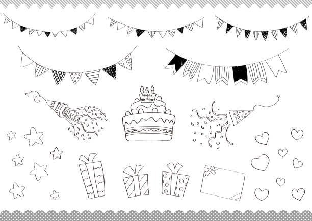 Line drawing illustration set of birthday cake with garland and gifts. Line drawing illustration set of birthday cake with garland and gifts.Shapes created with a brush in Illustrator. anniversary drawings stock illustrations