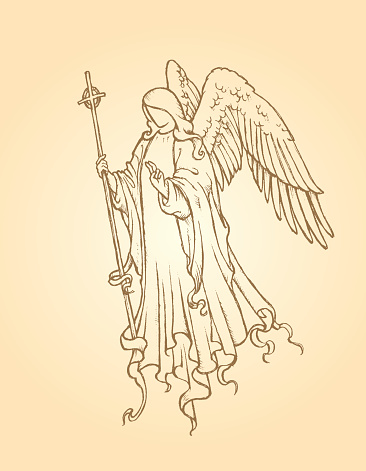 Line drawing of an angel of peace on a tan background