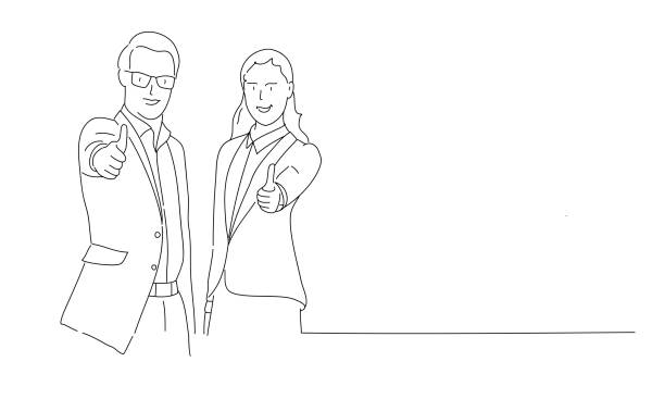 Line drawing of couple showing OK or approval sign with thumb up. Line drawing of couple showing OK or approval sign with thumb up. Vector illustration. in a row illustrations stock illustrations