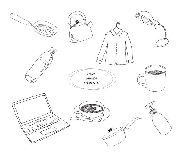 Line drawing of daily necessities hand drawn laptop drawings stock illustrations