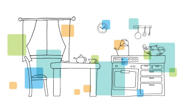 ilustrações de stock, clip art, desenhos animados e ícones de line drawing of kitchen - mesa de sala