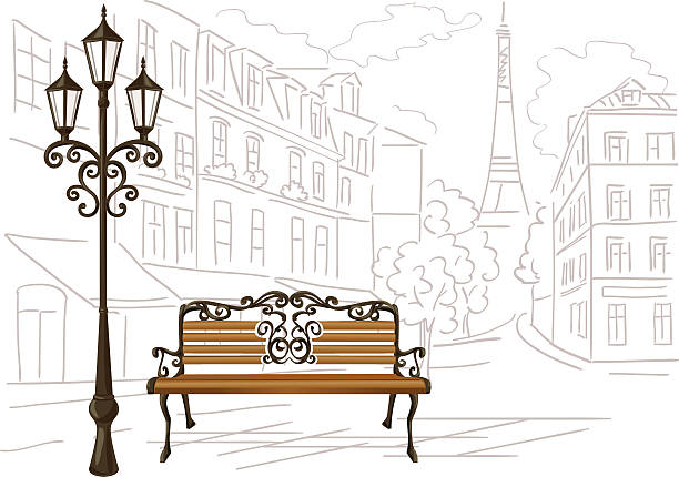illustrations, cliparts, dessins animés et icônes de line-drawing de paris, un banc et un dîner - rue paris