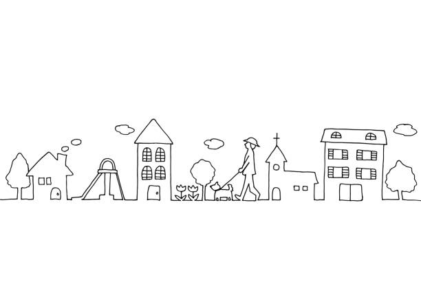 Line drawing of town landscape hand drawn people borders stock illustrations