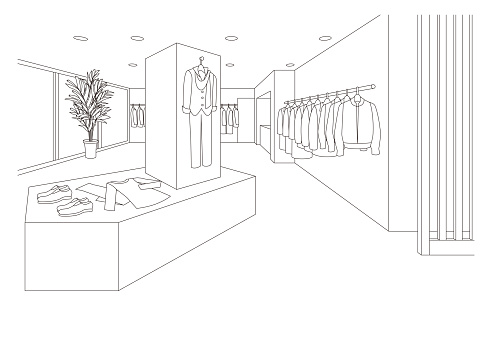 Line drawing vector illustration of the boutique.