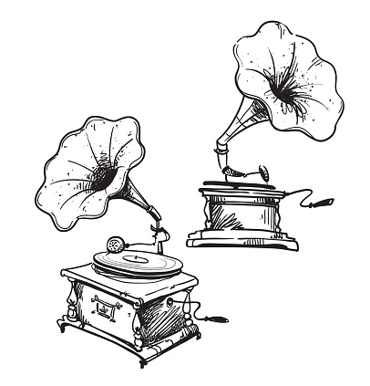 line drawn vintage gramophones, vector sketch
