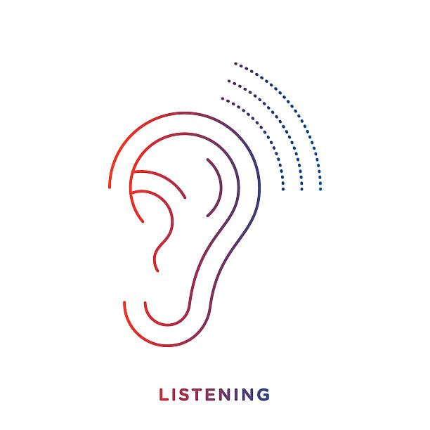 Line Ear Symbol Thin line icon with gradient color, ear symbol for listening and perception compositions. Modern style vector illustration concept. human ear stock illustrations